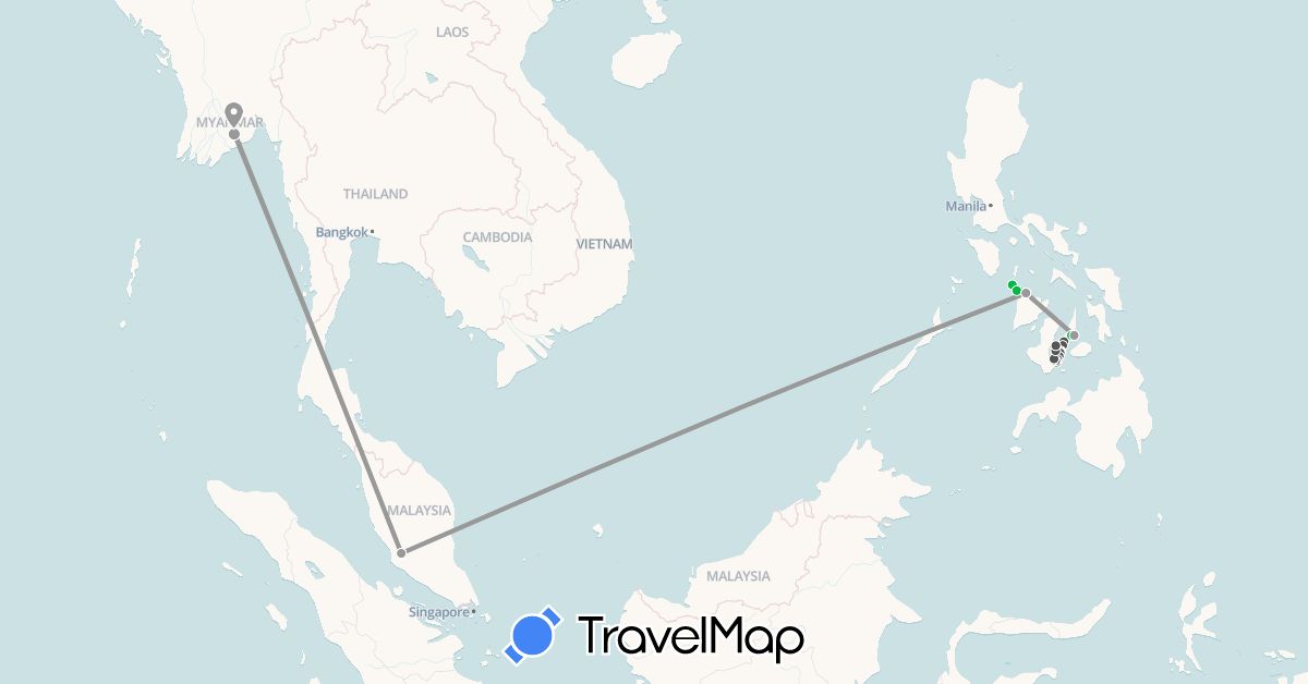 TravelMap itinerary: driving, bus, plane, motorbike in Myanmar (Burma), Malaysia, Philippines (Asia)